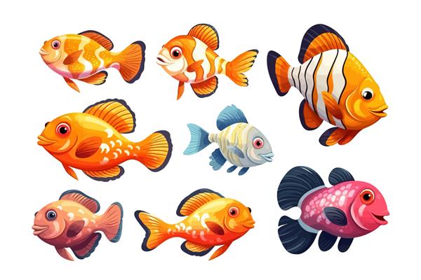 مجموعه ای از ماهی های کارتونی وکتور زیبا برای بازی آکواریوم جدا شده بر روی تصویر وکتور کارتونی پس زمینه