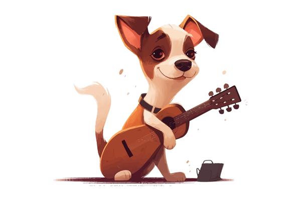 سگ ناز در حال نواختن گیتار در حال اجرای موسیقی بر روی ساز زهی جدا شده بر روی تصویر وکتور کارتونی پس زمینه