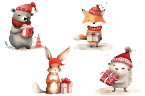 حیوانات سافاری یک خرگوش جوجه تیغی خرس و روباه را در کلاه قرمزی سال جدید با یک هدیه در دستان خود در تصویر برداری جدا شده به سبک سه بعدی تنظیم کردند