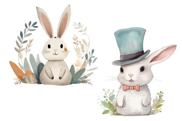 مجموعه حیوانات سافاری خرگوش عید پاک و خرگوش کلاه بالا در تصویر برداری جدا شده به سبک سه بعدی