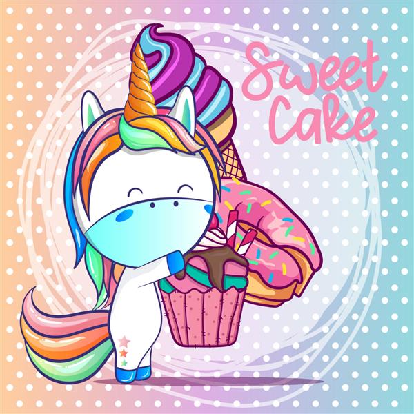 کارتون اسب شاخدار ناز با کیک شیرین