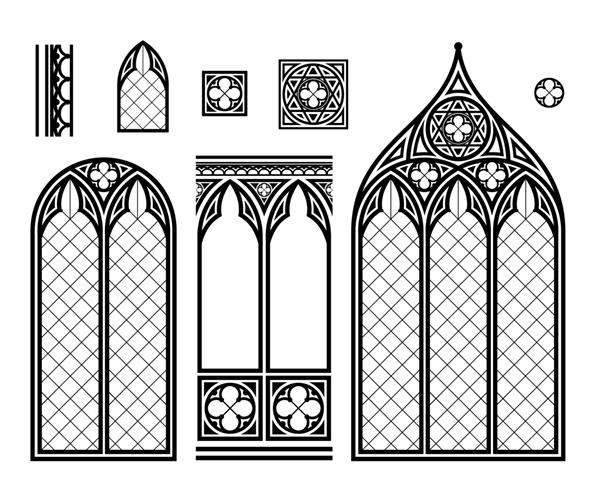 ست پنجره کلیسای جامع شیشه ای رنگارنگ گوتیک قرون وسطایی