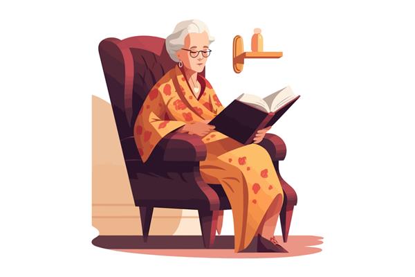 زن مسن در حال خواندن کتاب نشسته روی صندلی راحتی دنج جدا شده بر روی تصویر برداری کارتونی پس زمینه