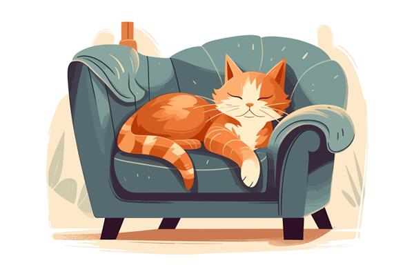 گربه ناز که در صندلی راحتی در خانه می خوابد جدا شده بر روی تصویر وکتور کارتونی پس زمینه