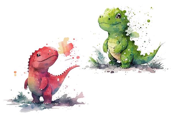 مجموعه حیوانات سافاری دایناسور سبز و قرمز در تصویر برداری جدا شده به سبک آبرنگ