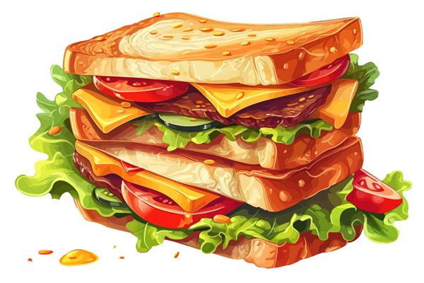ساندویچ با پر کردن سبزیجات و گوشت جدا شده بر روی تصویر وکتور کارتونی پس زمینه