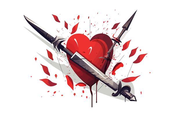 قلب شکسته زخمی سوراخ شده با شمشیرهای جدا شده در تصویر وکتور کارتونی پس زمینه