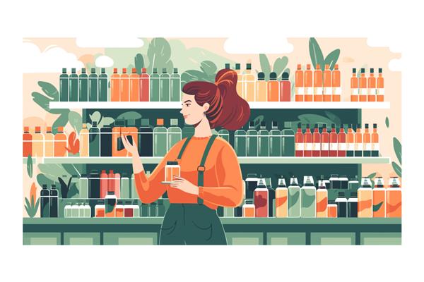 مشتری زن در فروشگاه سبز سازگار با محیط زیست جدا شده بر روی تصویر وکتور کارتونی پس زمینه