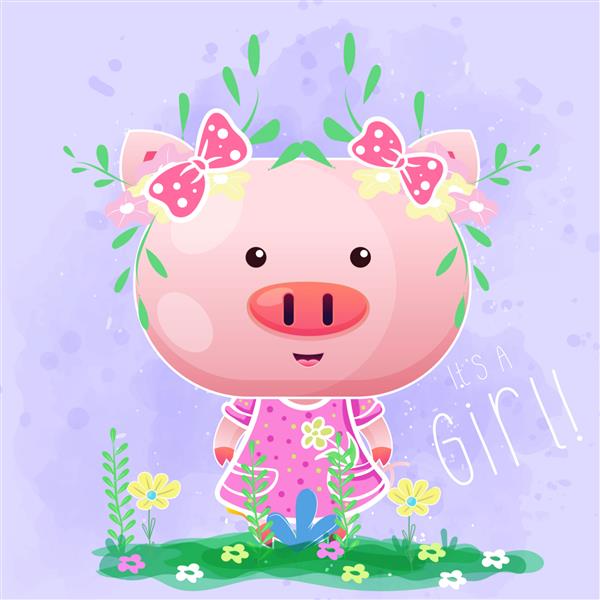 خوک دختر بچه ناز با گل در پس زمینه بنفش