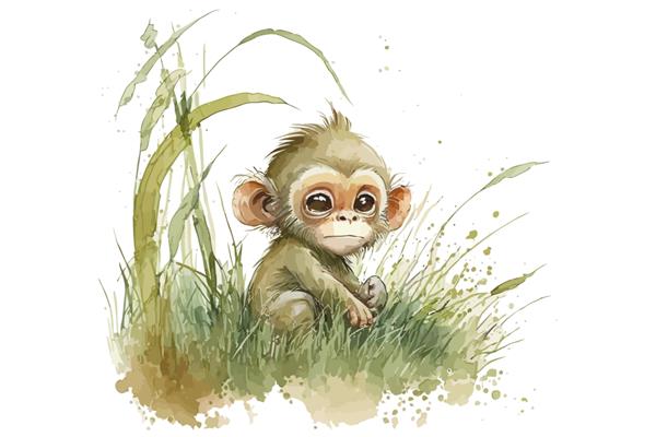 مجموعه حیوانات سافاری میمون در چمن در تصویر برداری جدا شده به سبک آبرنگ
