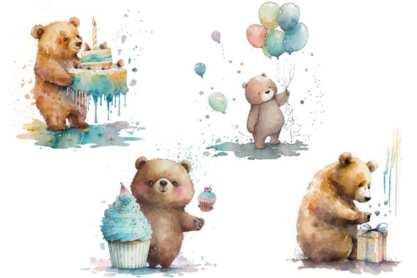 ست حیوانات سافاری خرس با بادکنک هدیه کیک کاپ کیک در تصویر برداری جدا شده به سبک آبرنگ