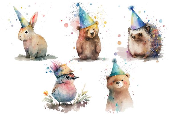 مجموعه حیوانات سافاری خرگوش جوجه تیغی خرس و پرنده با کلاه جشن در تصویر برداری جدا شده به سبک آبرنگ