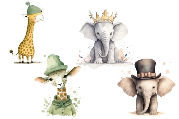 ست حیوانات سافاری فیل در تاج روی سرش یک زرافه با کلاه سبز یک فیل با کلاه بالا به سبک سه بعدی تصویر برداری جدا شده