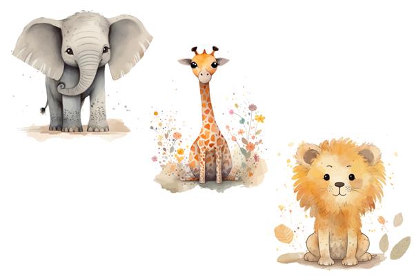 مجموعه حیوانات سافاری شیر زرافه فیل به سبک سه بعدی تصویر برداری جدا شده