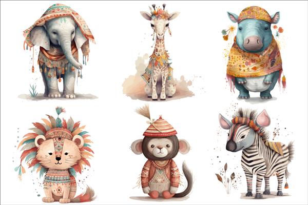 مجموعه حیوانات سافاری اسب آبی شیر زرافه فیل گورخر و میمون با لباس هندی در تصویر برداری جدا شده به سبک سه بعدی
