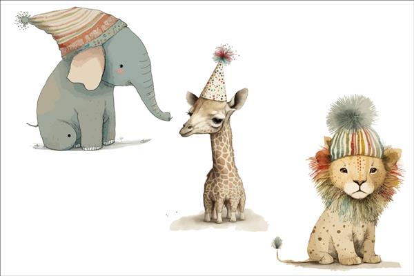 مجموعه حیوانات سافاری شیر فیل زرافه با کلاه جشن در تصویر برداری جدا شده به سبک سه بعدی