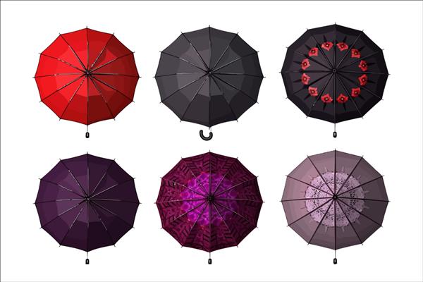 مجموعه چترهای تا شده و باز شده بر روی تصویر برداری کارتونی پس زمینه