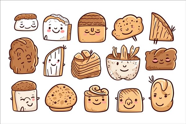 مجموعه شخصیت‌های نان خندان Doodle جدا شده روی پس‌زمینه سفید جدا شده بر روی تصویر برداری کارتونی پس‌زمینه