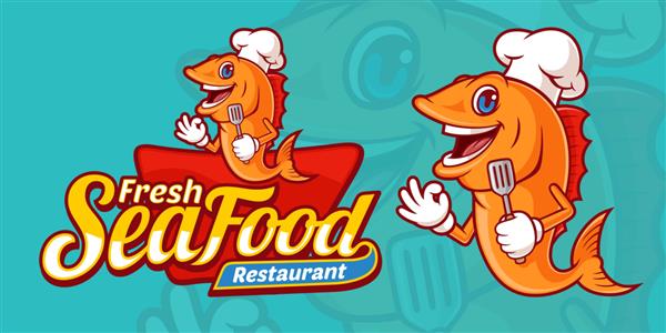 الگوی لوگوی غذاهای دریایی تازه خوشمزه با شخصیت های زیبای سرآشپز ماهی کارتونی