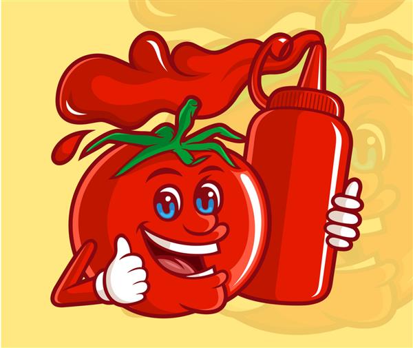 گوجه فرنگی خوشمزه با یک شخصیت کارتونی خنده دار که یک بطری سس گوجه فرنگی در دست دارد