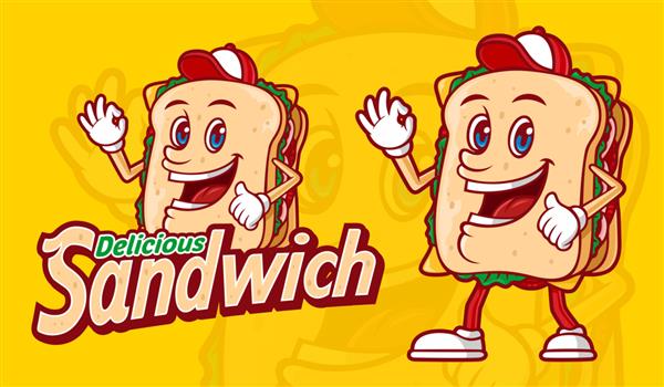 ساندویچ خوشمزه با شخصیت کارتونی خنده دار و تایپوگرافی ترکیبی
