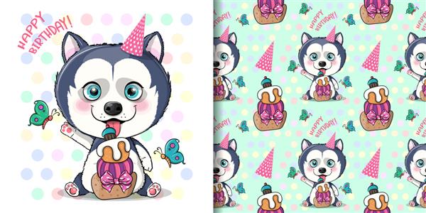 توله سگ هاسکی کارتونی ناز با کیک تولد