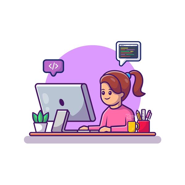 دختر ناز در حال کار بر روی تصویر آیکون وکتور کارتونی کامپیوتری بردار حق بیمه ایزوله شده آیکون مردم و فناوری سبک کارتونی تخت