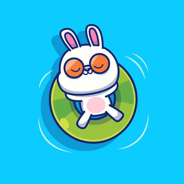 خرگوش ناز با تصویر نماد حلقه شنا استراحت می کند مفهوم نماد نماد تابستانی حیوانات جدا شده است سبک کارتونی تخت