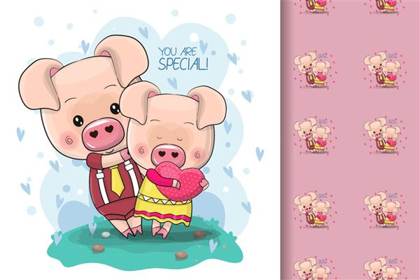 دو خوک کارتونی زیبا در پس زمینه آبی برای بچه ها