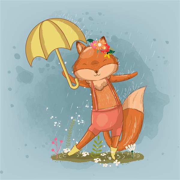 روباه کوچک ناز با دست طراحی شده با تصویر چتر برای بچه ها