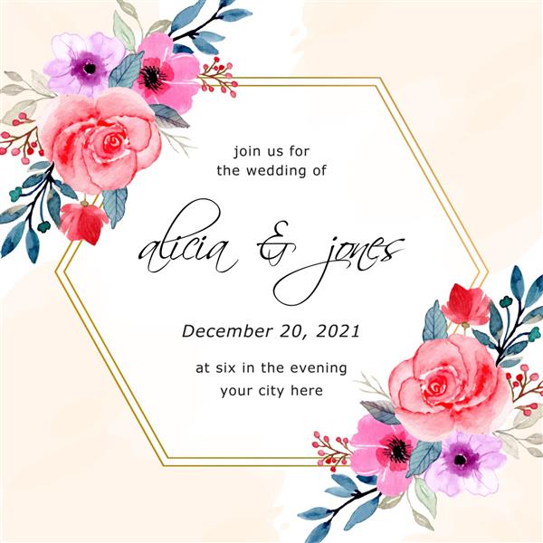 دعوتنامه عروسی آبرنگ گلدار با قاب طلایی