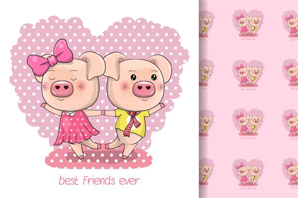 دو خوک کارتونی زیبا روی پس زمینه قلب برای بچه ها