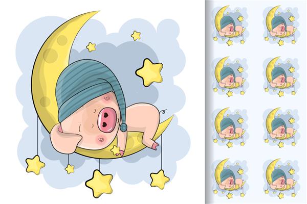 خواب خوک کارتونی زیبا روی ماه و الگوی بدون درز برای بچه ها