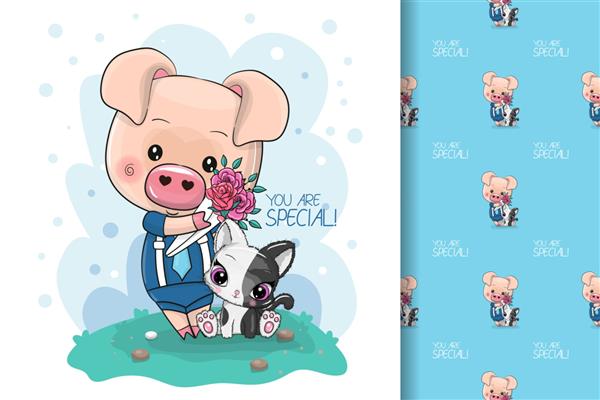 خوک زیبا کارتونی با گل برای بچه ها و الگوی بدون درز