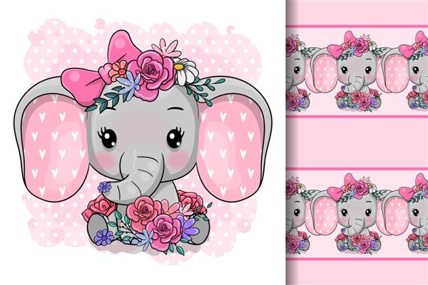 فیل کارتونی زیبا با گل