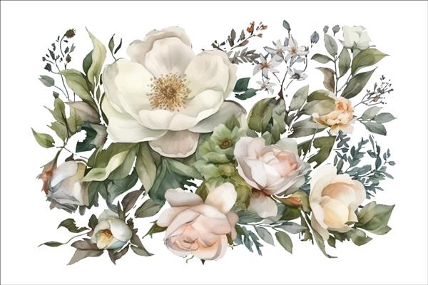 چیدمان های آبرنگ با گل های رز سفید عناصر گل تزئینی الگوی تصویر کارتونی تخت جدا شده در پس زمینه سفید