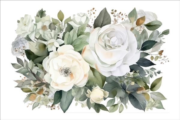 چیدمان های آبرنگ با گل های رز سفید عناصر گل تزئینی الگوی تصویر کارتونی تخت جدا شده در پس زمینه سفید