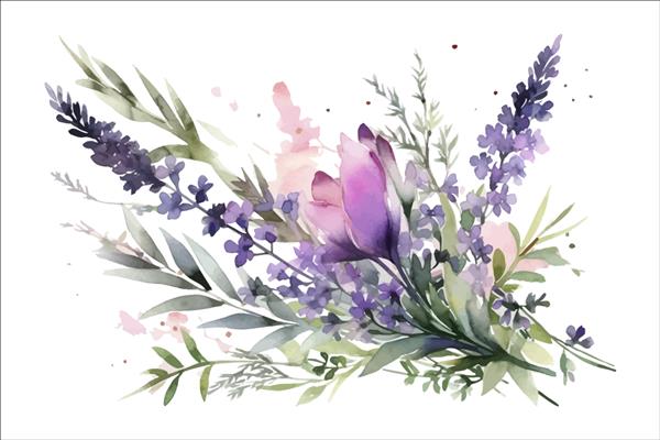 چیدمان های آبرنگ با گل دسته گل های اسطوخودوس با شاخه های گل های وحشی الگوی عناصر گل تزئینی تصویر کارتونی تخت جدا شده در پس زمینه سفید