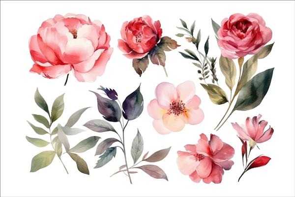 ست آبرنگ گل صورتی گل رز باغ گل صد تومانی الگو عناصر گل تزئینی تصویر کارتونی تخت جدا شده در پس زمینه سفید