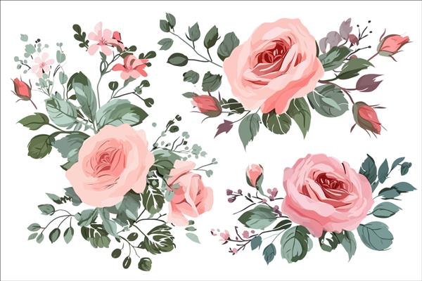 ست آبرنگ گل صورتی گل رز باغ گل صد تومانی الگو عناصر گل تزئینی تصویر کارتونی تخت جدا شده در پس زمینه سفید