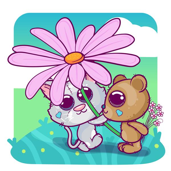 کارت تبریک بچه گربه پسر و دختر با یک گل