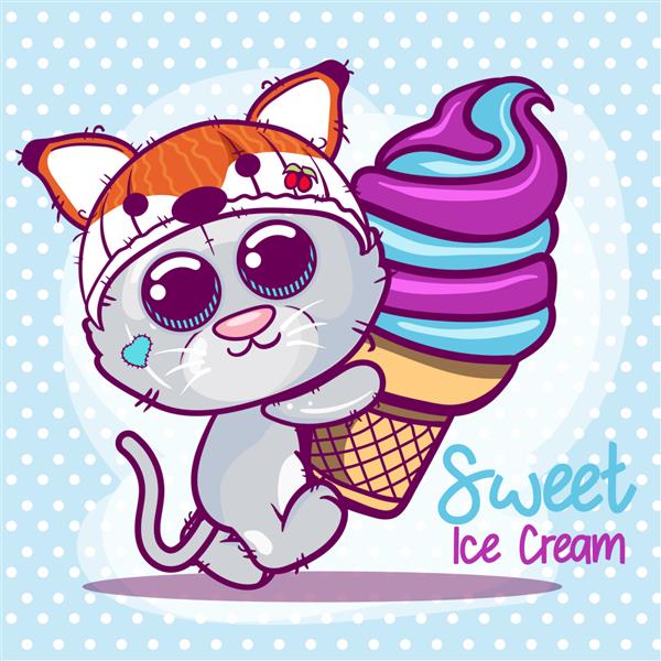 کارتون بچه گربه ناز با بستنی