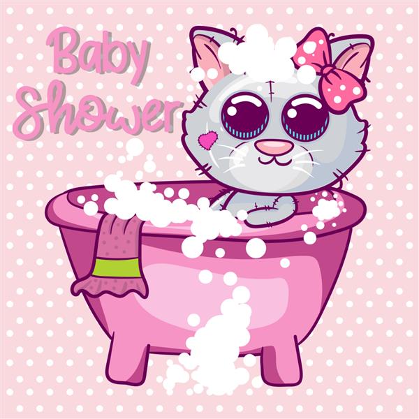 کارت پستال حمام کودک با کارتون دختر بچه گربه ناز