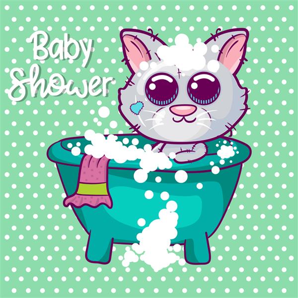کارت پستال حمام نوزاد با کارتون پسر بچه گربه ناز