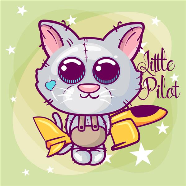 کارت تبریک گربه کارتونی زیبا با هواپیما