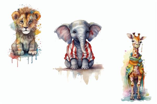 مجموعه حیوانات سافاری شیر فیل زرافه به سبک سه بعدی تصویر برداری جدا شده