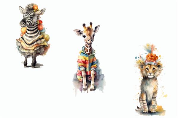 مجموعه حیوانات سافاری زرافه شیر گورخر در تصویر برداری جدا شده به سبک سه بعدی