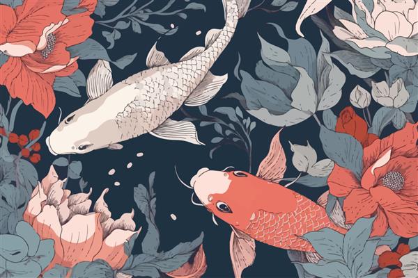 وکتور بدون درز پس‌زمینه الگوی گل با دست کشیده شده ماهی کوی گل‌های استوایی ژاپنی