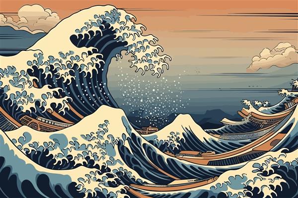 تصویر باستانی بزرگ موج ژاپنی تصویر برداری سنتی به سبک مینیمالیستی شرقی ژاپنی