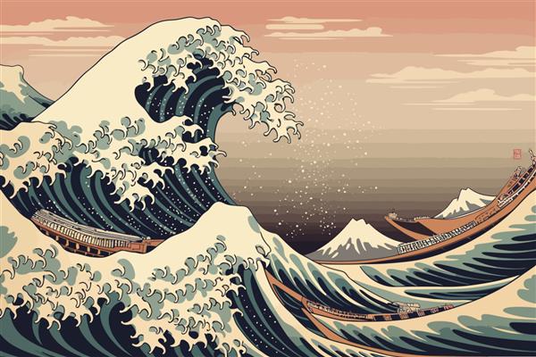 تصویر باستانی بزرگ موج ژاپنی تصویر برداری سنتی به سبک مینیمالیستی شرقی ژاپنی